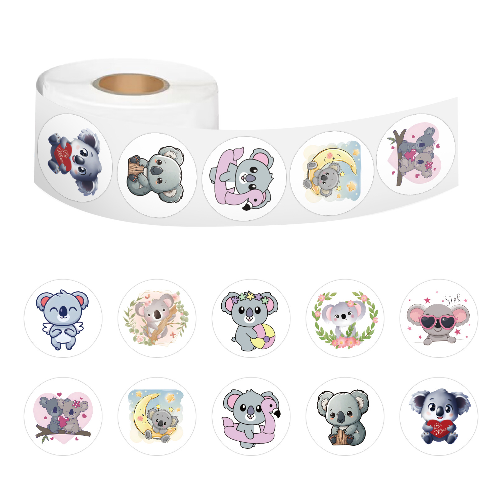 Roll of round koala stickers with assorted illustrated designs