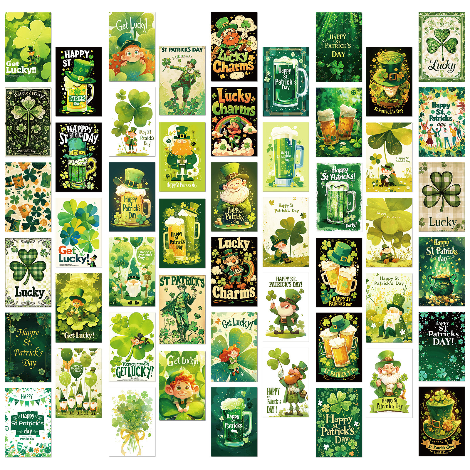 Assorted green St. Patrick’s Day cards with clover illustrations and printed greetings
